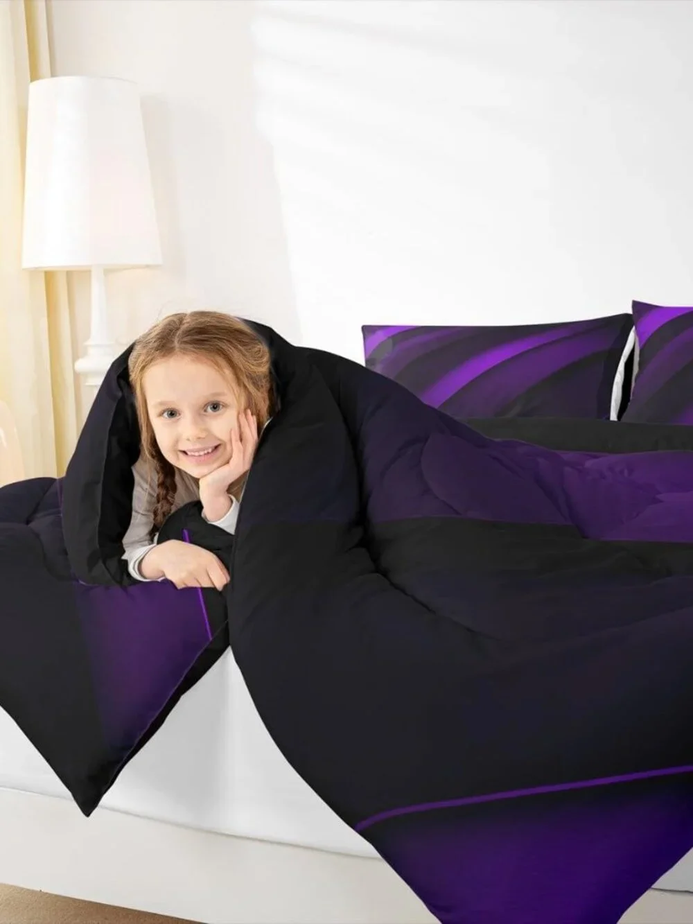 Purple Black Stripes King Size Comforter Set,Kids Neon Gradient Decor All Season